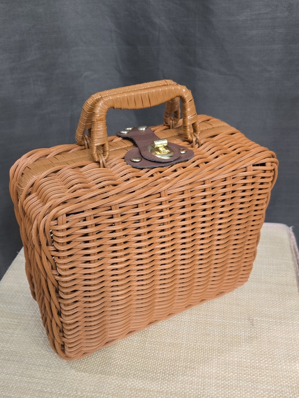 Woven Rattan Picnic Handbag in Warm Tan